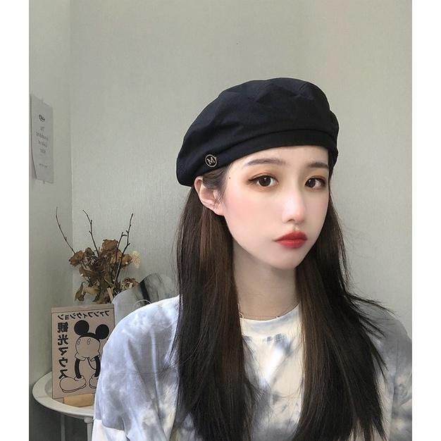 Topi Baret Korea Wanita Pria Dewasa Motif Huruf M Hitam Biru Coklat Outfit Gaya Vintage Retro