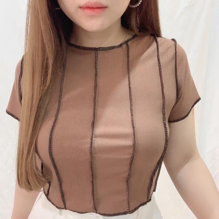 Stitch Knit Crop Top Short Sleeve Baju Kaos Atasan Lengan Pendek Model Terbalik Jahit Bolak Balik