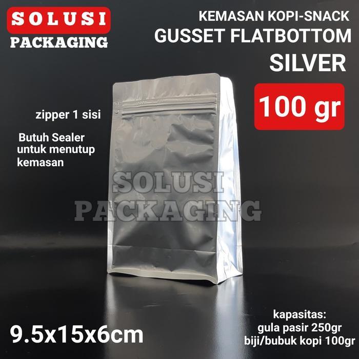 GUSSET SILVER ALUFOIL STANDART 100GRAM/KEMASAN KOPI SNACK/STAND POUCH