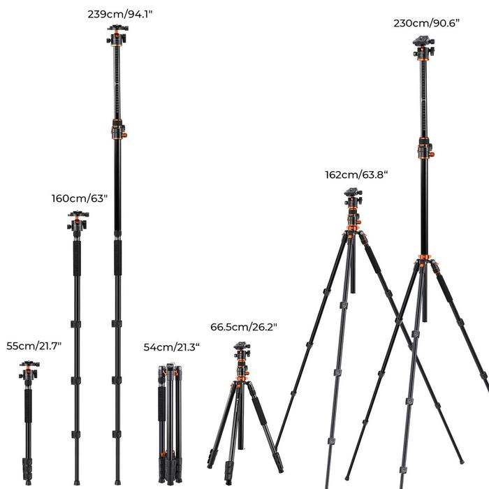 K&F Concept T254A7 + Bh-28L 90''/2.3M Camera Tripods Magnesium Aluminum Alloy Tripods Reversible