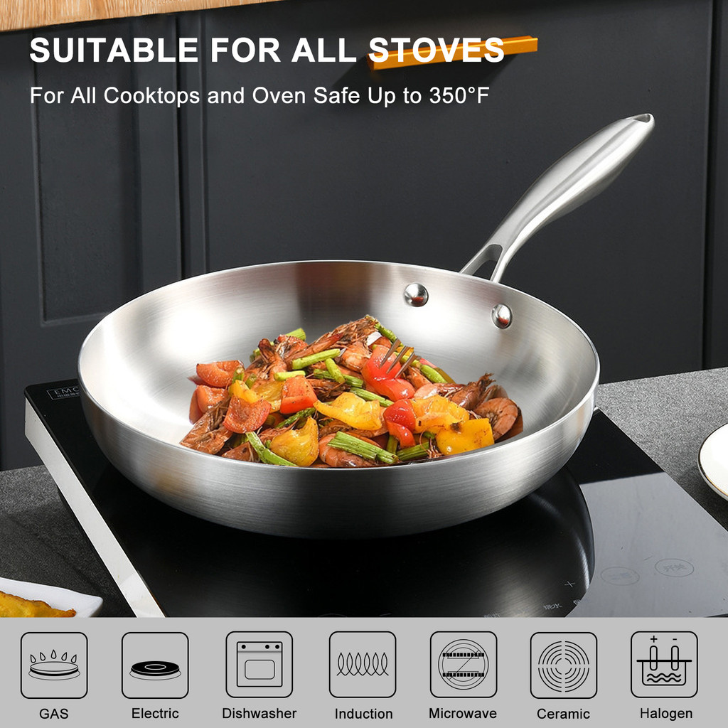 304 Stainless Steel Frying Pan Skillet Induction Cooking Pan Uncoated Fried Steak Wok Dishwasher