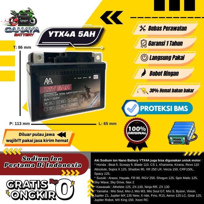 Nano Battery Aki Motor Sodium Ion 12V. 5Ah Ytx4A / Gtz5S / Aki Beat Vario110 Mio Fino Vixion Byson