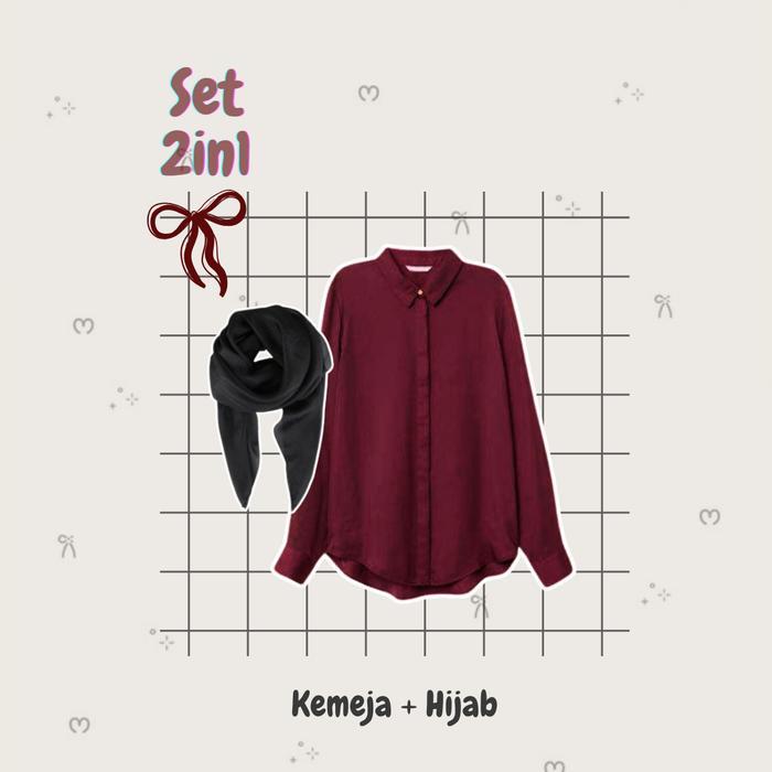 Ini Murah Maroon Set 3In1 ( Kemeja + Hijab + Kulot ) Outfit Cewek Pinterst Setelan Wanita