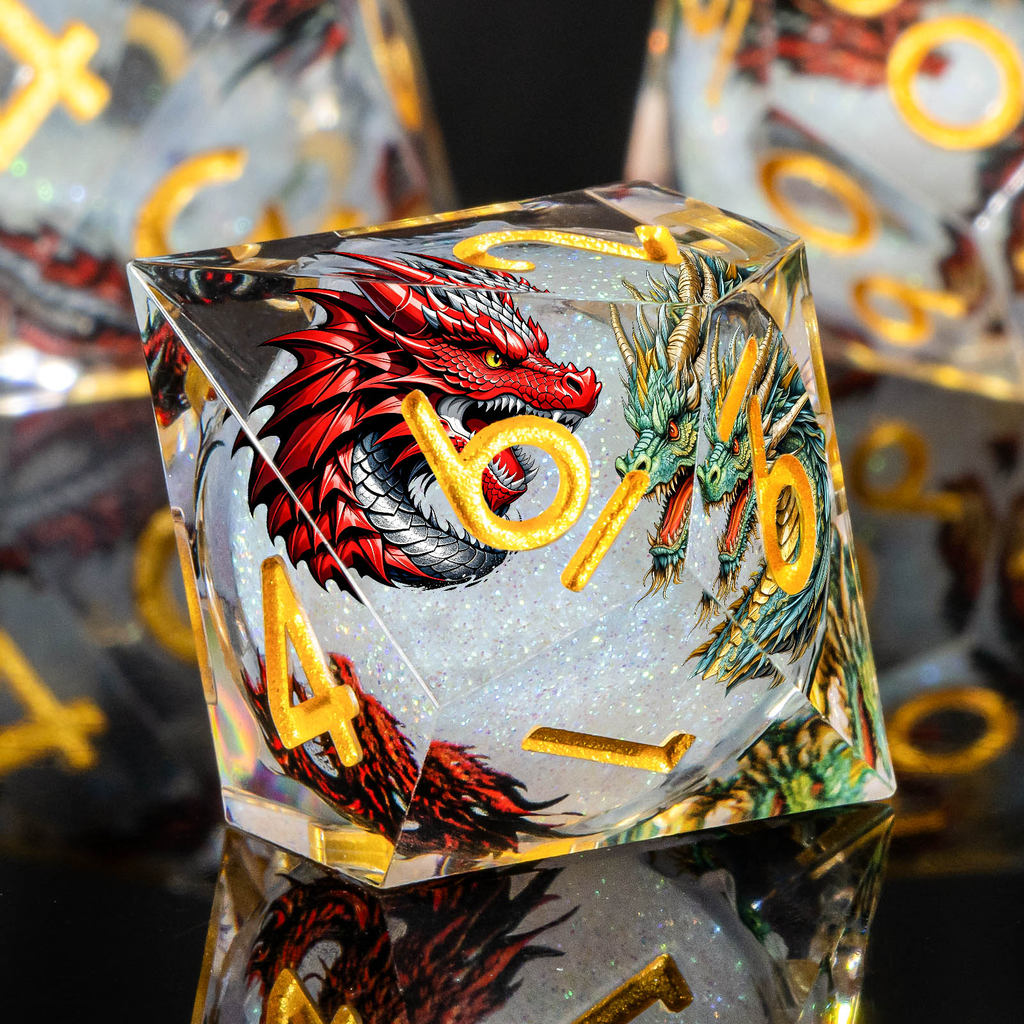 Dragon Pattern Liquid Core DnD Dice, Sharp Edge D&D Dice, Resin Dungeon and Dragon Role Playing Game