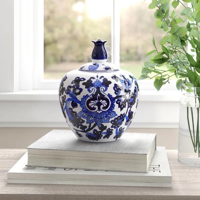 Jar / Toples keramik biru putih tulip lid