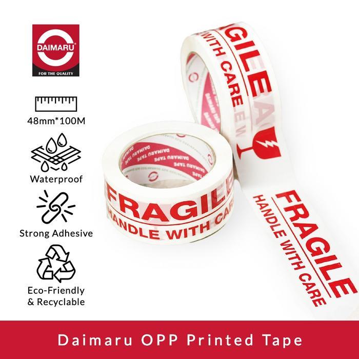 Daimaru OPP Printed Tape Lakban Fragile 48mm x 100M Tahan Air, Lem Kuat, Warna Putih, Tulisan Merah,