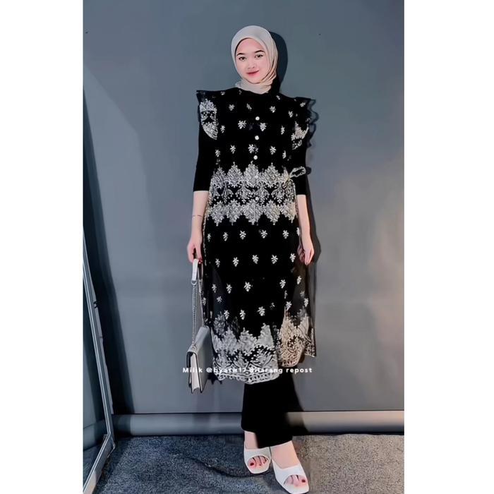 Voce Outer Tunik Tille Brukat Lace Outer Cardigan Tille Brokat Lengan Panjang Kebaya Tunik Atasan
