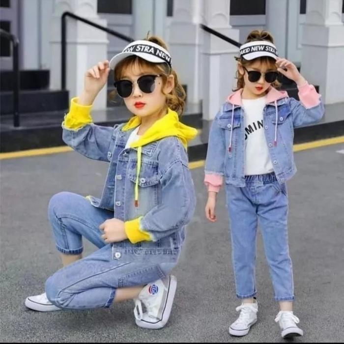 JAKET JEANS HOODIE ANAK LENGAN PANJANG ADA RAWIS UNTUK ANAK USIA 2-14THN