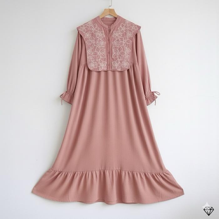 Gamis Anak Perempuan - Gamis Bordir Floral Kerah Rebah Ruffle Mewah Tbk