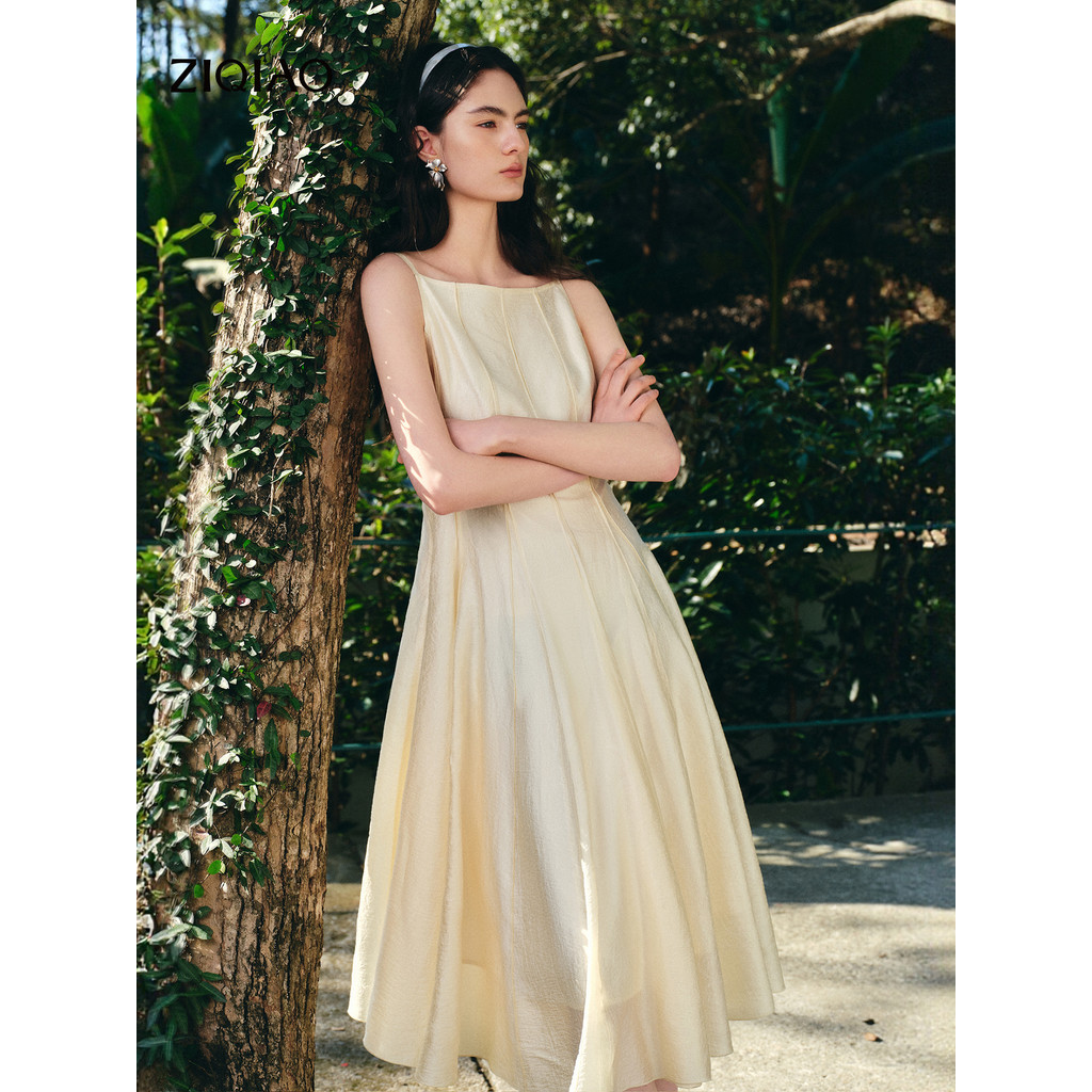 ZIQIAO Elegant Off-the-shoulder Patchwork Dress for Women Knee-length Sleeeveless Solid Dating New