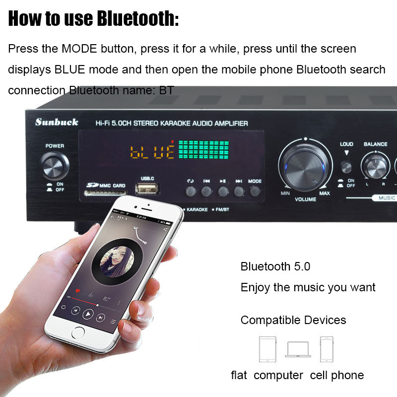 5-Channel Audio Subwoofers HiFi Stereo Surround Sound Amplifier 110v/220V High-Power Bluetooth Radio