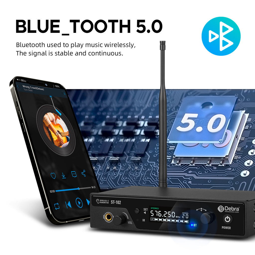 Debra ST-102 Professional Stereo Wireless In-Ear Monitor System with Bluetooth 5.0 UHF for Distance