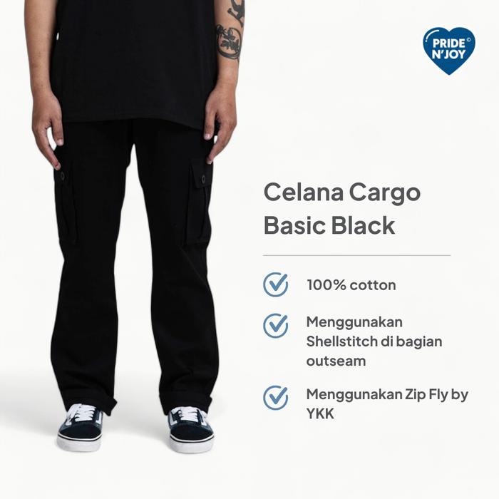 ORIGINAL Pride N Joy Co - Cargo Black Basic Celana Panjang Pria READY STOCK