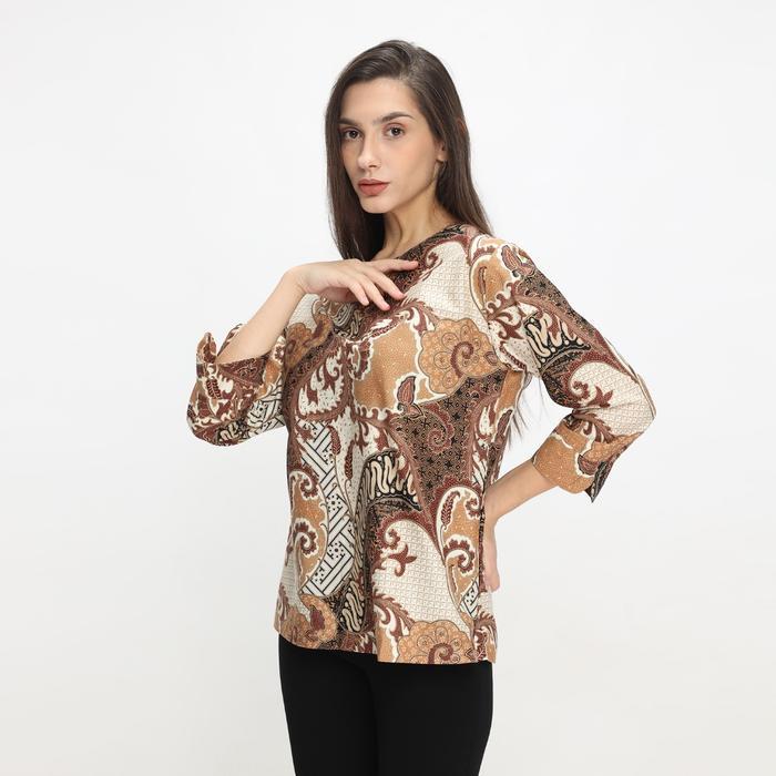 Blouse Batik Wanita Atasan Batik Wanita Lengan Panjang Motif Coklat OLR229