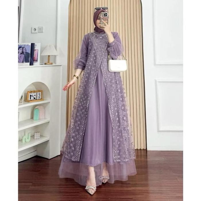 Maxi Delina Gamis Pesta Brukat Mewah Kombi Bahan Saten Gamis Kondangan Model Terbaru Baju Pesta