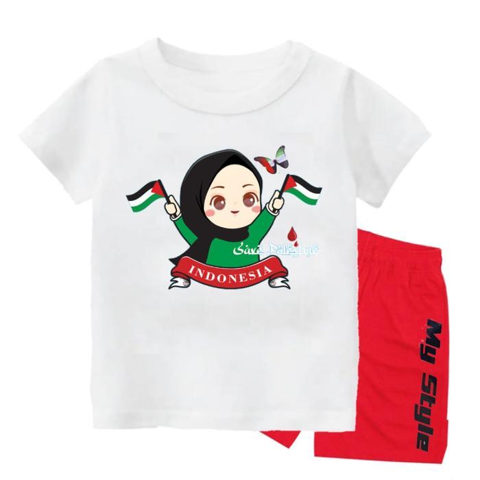 ORIGINAL Stelan Kaos Anak Perempuan Usia 1-13 thn save palestine muslim bersatu READY STOCK