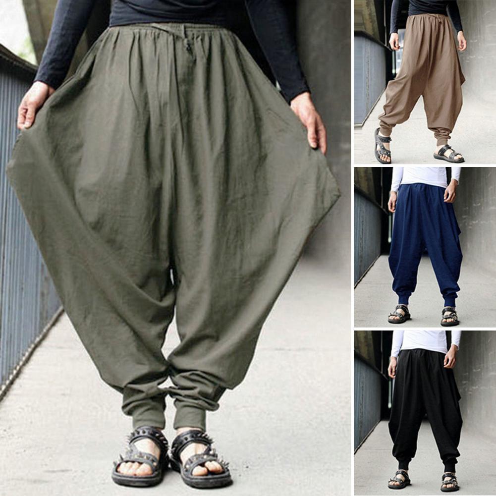 Men Harem Pants Drop Crotch Solid Color Drawstring Vintage Mid Rise Ankle Tied Baggy Pants Hip Hop