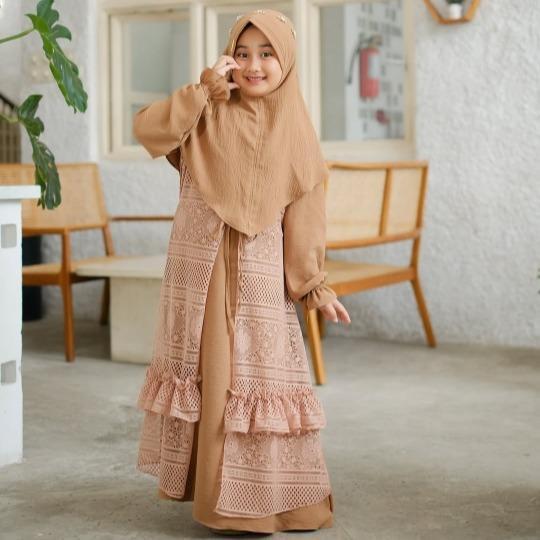 Fuji Dress Gamis Crinkle Airflow Anak Perempuan 1-12 Tahun Baju Gamis Brokat Lebaran Anak Set Hijab