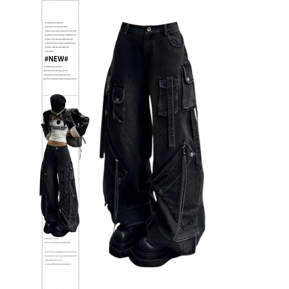 Women's Black Gothic Baggy Cargo Jeans Harajuku Oversize Denim Trousers Y2k 90s Vintage 2000s Emo
