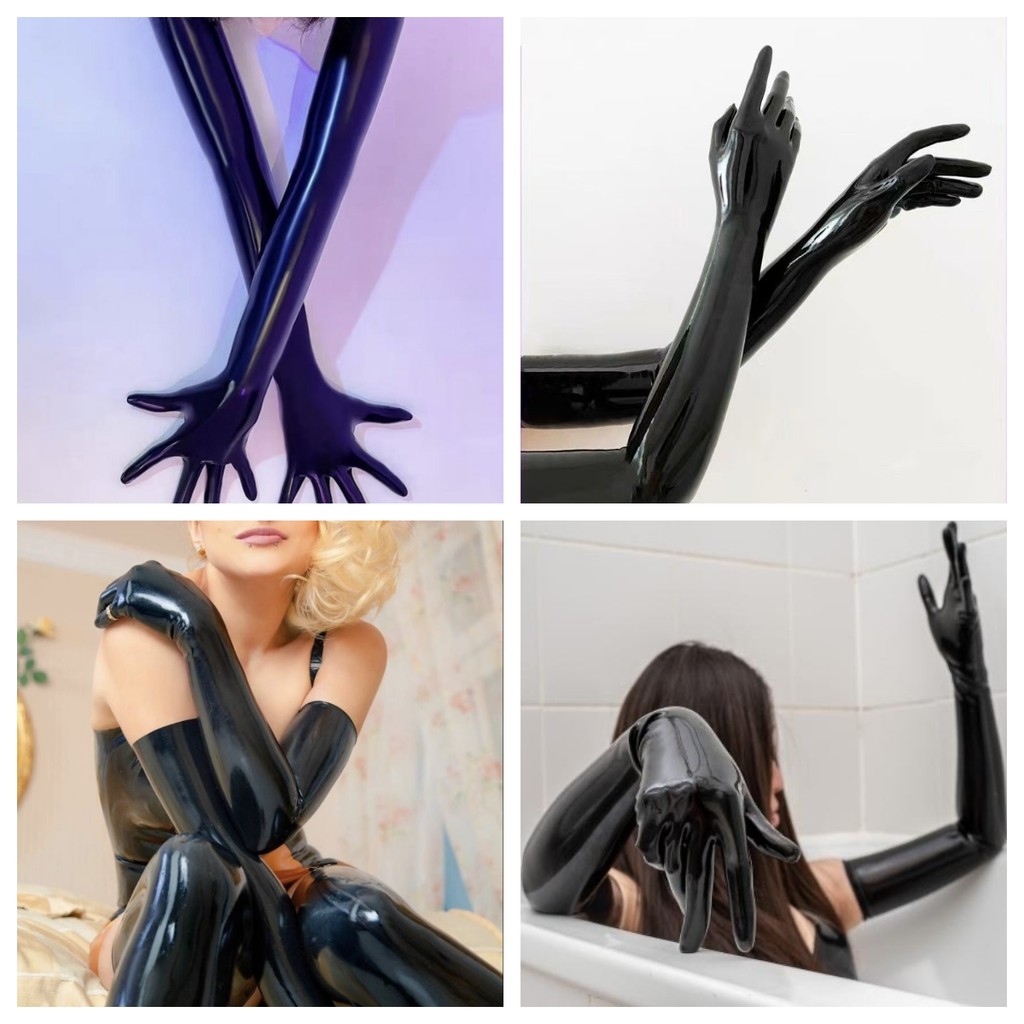 1 Pairs Long Black Malaysian Latex Kigurumi F Finger Fit Zentai Party Outfit Long Gloves Costume For
