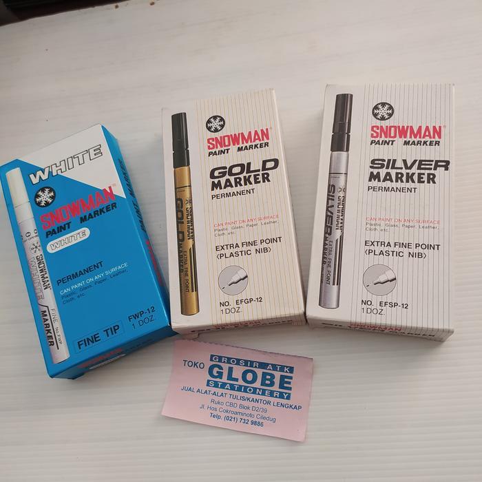 Stok Baru spidol permanent snowman White, Gold, Silver(kecil/fine /lusin