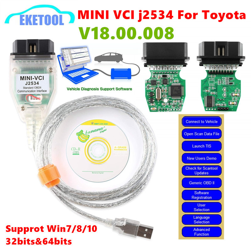 MINI VCI j2534 V18.00.008 FTDI Chip MINI-VCI J2534 For Toyota TIS Techstream OBD2 Interface Vehicle 