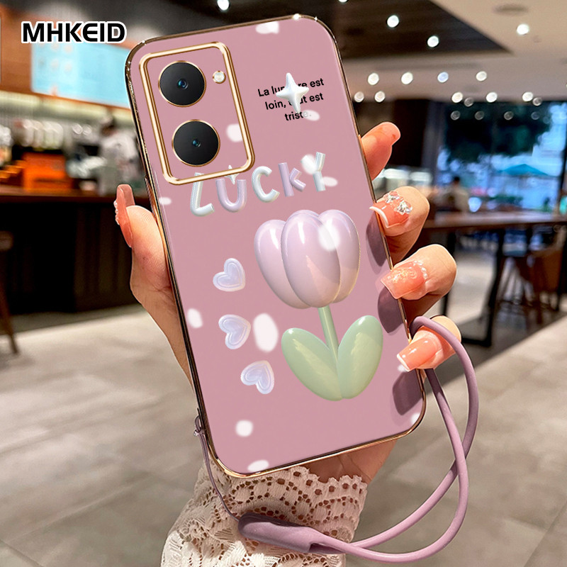 MHKEID Casing Hp Untuk VIVO Y03 Y18 Y18E Y28s Y28 5G Y28 2024 4G Case HP Casing pola Tulip Beruntung