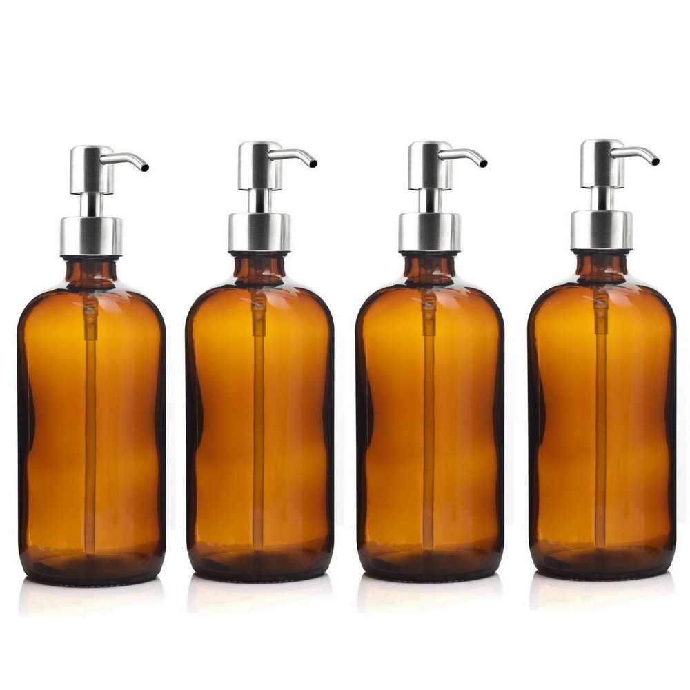 4 Buah 500Ml Botol Pompa Kaca Amber dengan Lotion Baja Tahan Karat Hitam untuk Kamar Mandi Dispenser