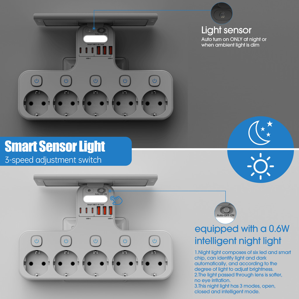 4000W European Standard Outlet Wall Mounted Smart Night Light Independent Switch Eu Plug Power Strip