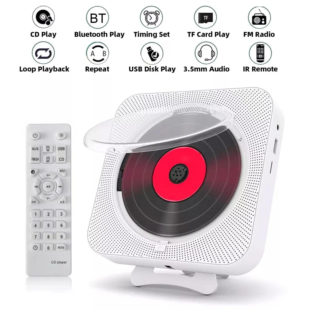 Portable CD Player Bluetooth Speaker Stereo CD Players LED Screen Wall Mountable CD Music Player