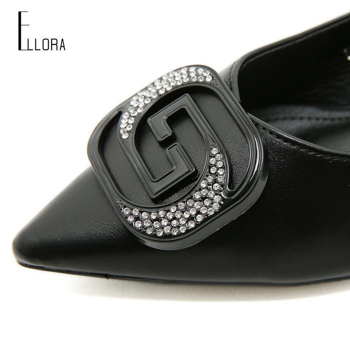 Ellora El-6630 Sepatu Heels Wanita Import Slingback Premium Black Shoes Pansus Tali Belakang