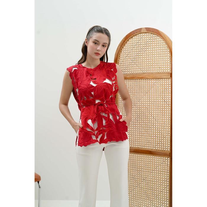 [Lesformore] Esthelle Outer Bordir Bunga Tanpa Lengan Outer Motif Floral Pastel Wanita Casual &