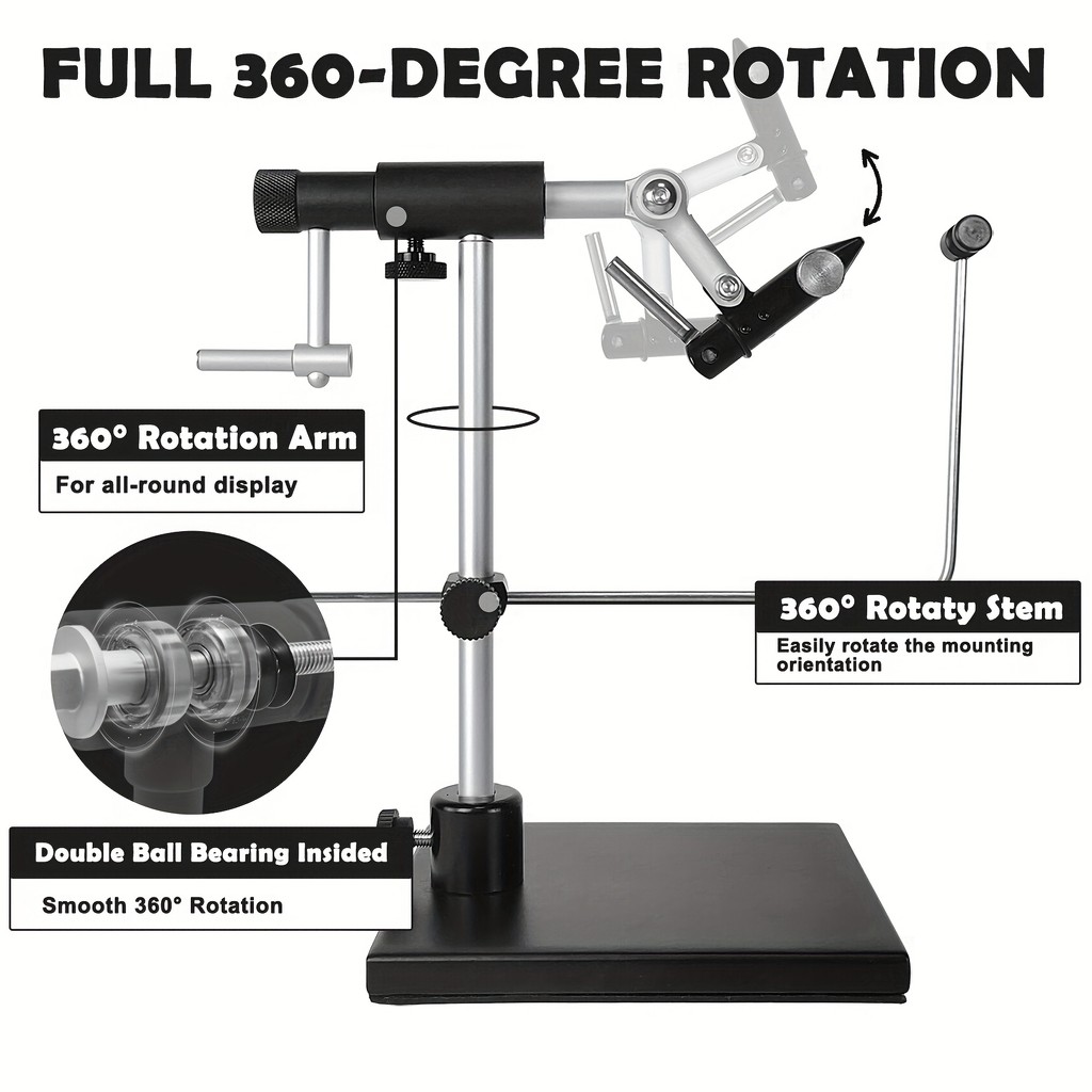 360 Rotary Fly Tying Vise with Sturdy Base, Premium Aluminum Adjustable Fly Tying Tool Rotary Bench