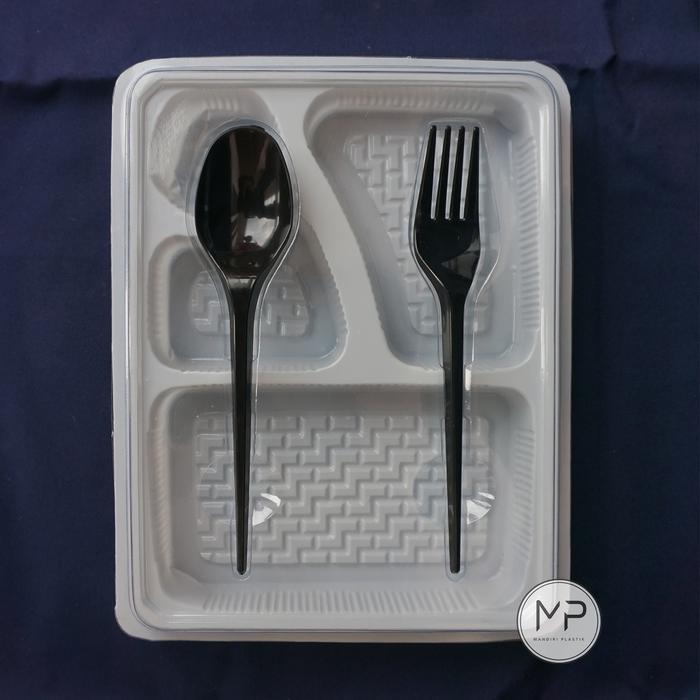 Mika Box Bento 4 Sekat PREMIUM FULL + Sendok Garpu SET 4 PUTIH ecer grosir