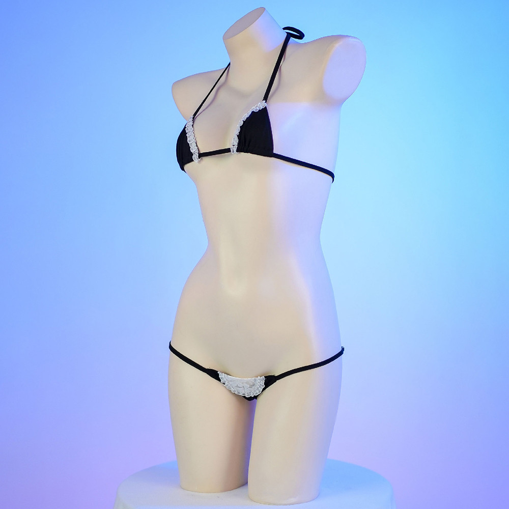 Sexy Maid Cosplay Bikini Leather Bra With Lace Underwear Lingerie Swimsuit Low Waist Bikinis Sets