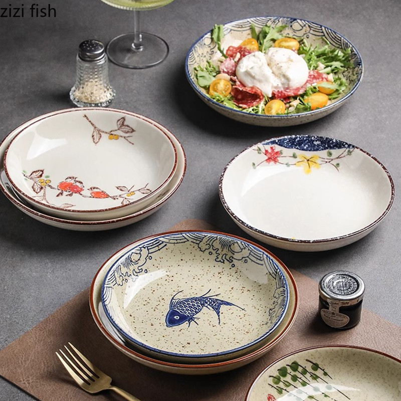 Retro Ceramic Deep Plate Salad Plate Dessert Plate Pasta Dish Fish Plates Serving Plates Underglaze