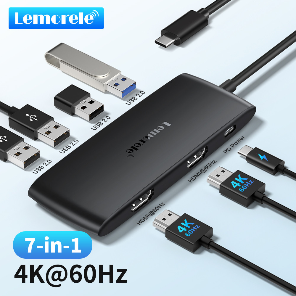 Lemorele 4K USB-C Hub 7 Ports Docking Station USB Hub Adapter USB C to Dual HDMI 4K@60Hz for Windows