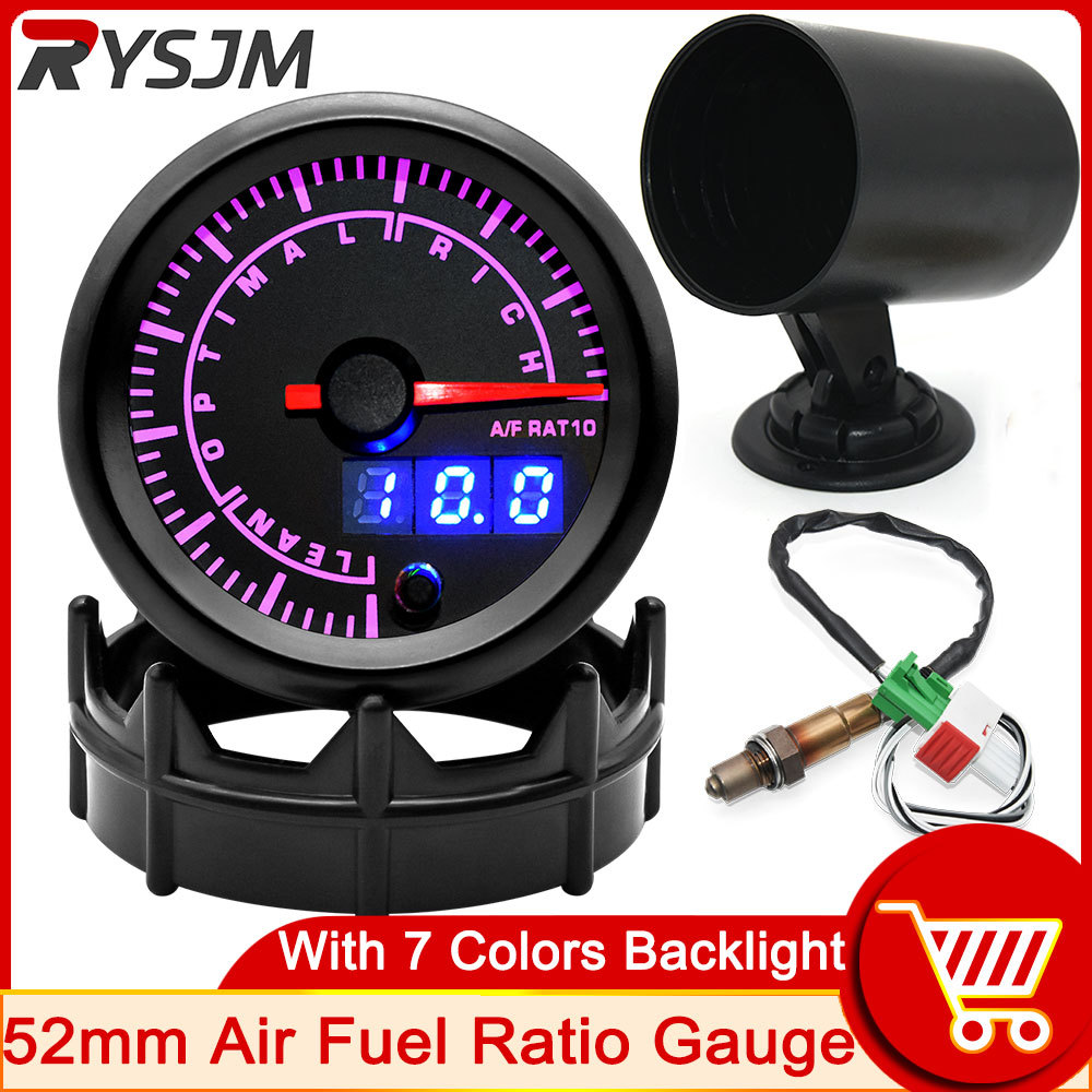 HD 52mm Air Fuel Ratio Gauge Narrowband Round 7 Colors Digital Air/Fuel AFR Meter for 12V Racing Car