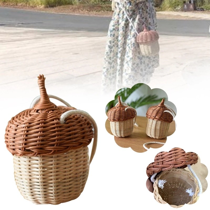 New Acorn-Shaped Storage Basket Hand-Woven Round Rattan Bag Bucket Tropical Beach Style Woven