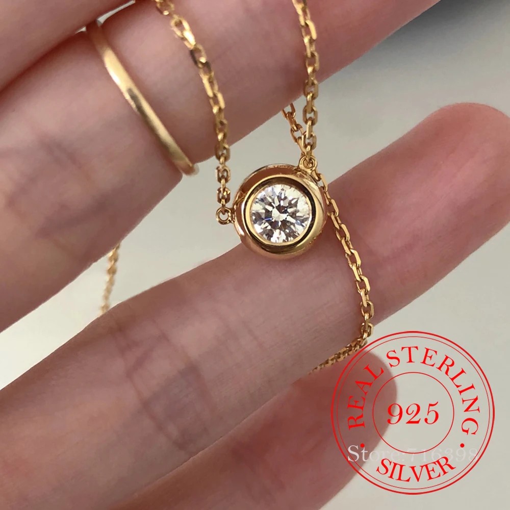 925 Sterling Silver Classic Round crystal Choker Necklace Pendant for Women 14K Gold Plated