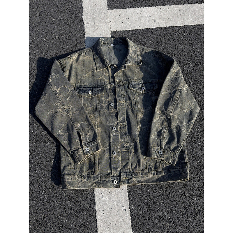 Retro Jacket Men Spring Punk Leaf Graphic Print Denim Jackets Hip Hop Streetwear Oversized Gothic