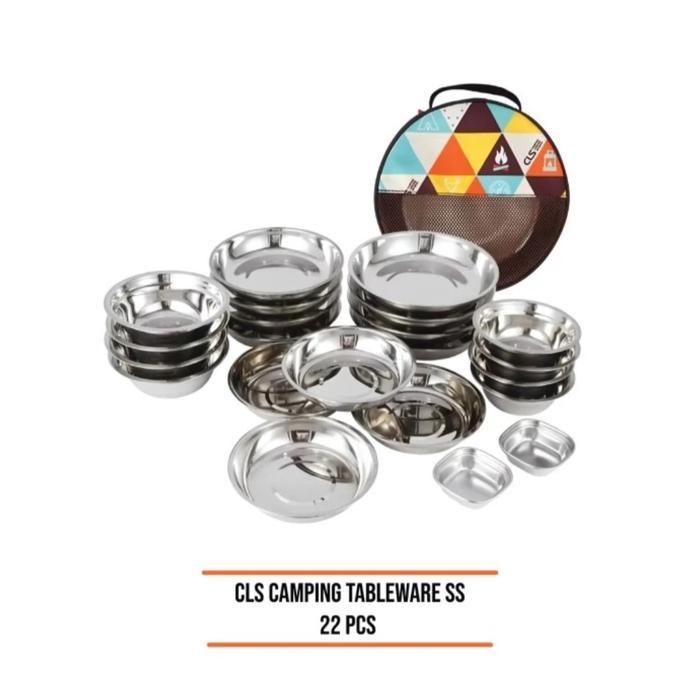 tableware set alat makan piring mangkuk stainless portable camping 22 set