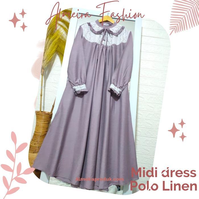 Best Seller Fashion Wanita Midi Dress Muslim Terbaru Bahan Polo Linen Premium Maxi Brokat Malika