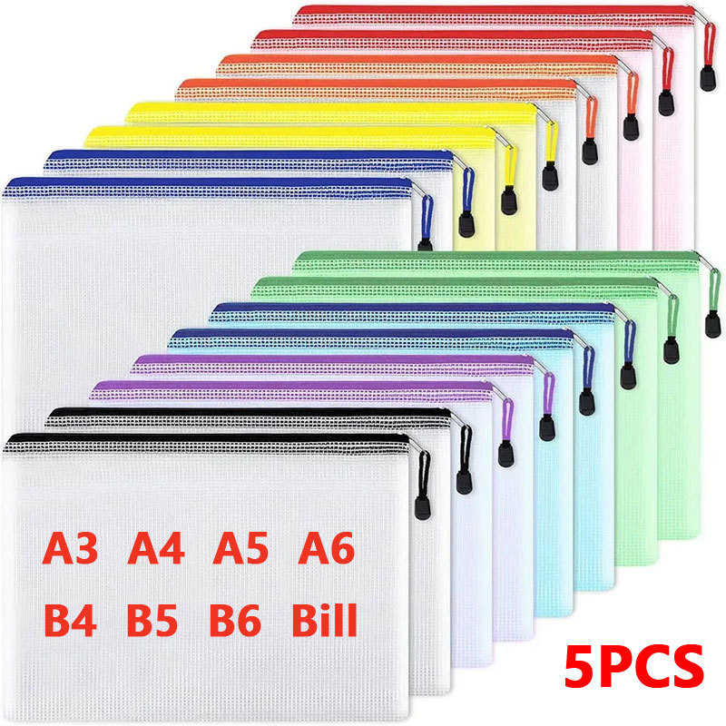 5PCS A3/A4/A5/A6 Mesh Zipper Pouch Document Bag Waterproof Zip File Folders Pencil Case Storage Bags