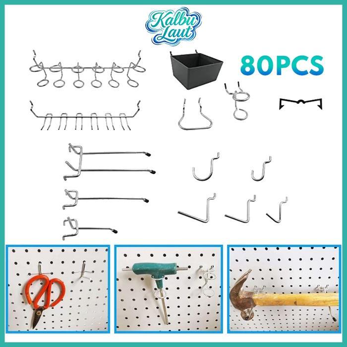 Set 80pcs Pegboard Hook Dan Aksesoris Untuk Rak Dinding Penyimpanan Perkakas Bengkel Salon Industri