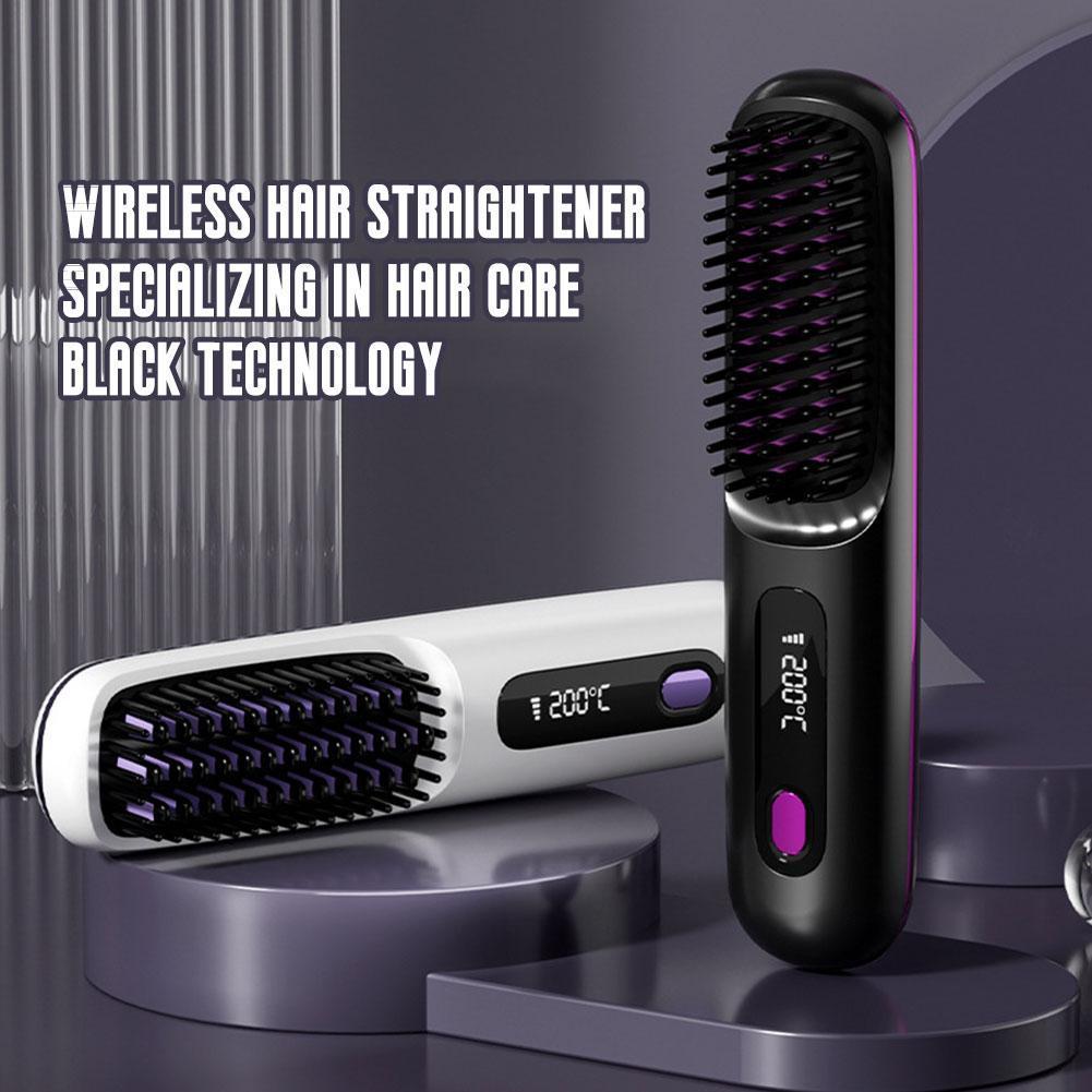 Hair Straightener Brush with LCD Display Cordless USB Charging Straightener Portable Mini