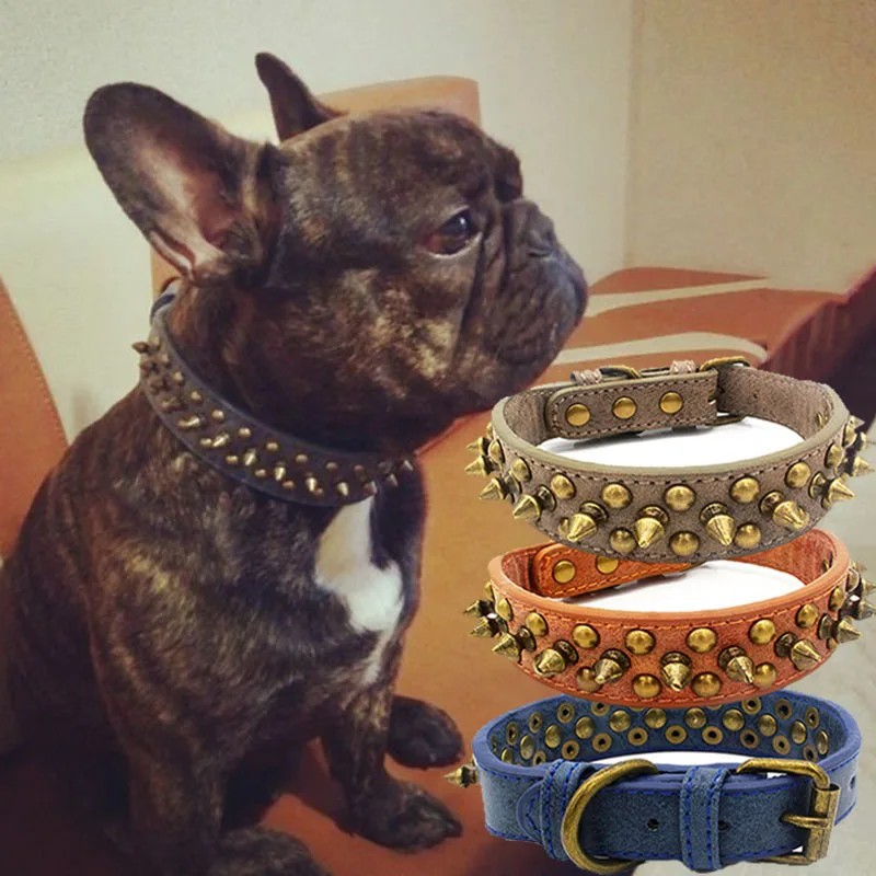 French Bulldog Pitbull Dogs Collar Retro Golden Rivet Studded Leather Pet Collar for Small Medium
