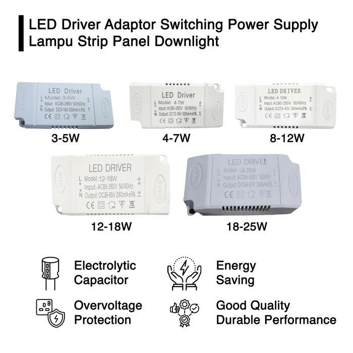 LED Driver Adaptor Switching Power Supply Lampu Strip Panel Downlight 3W-25W Trafo Lampu LED Plafon