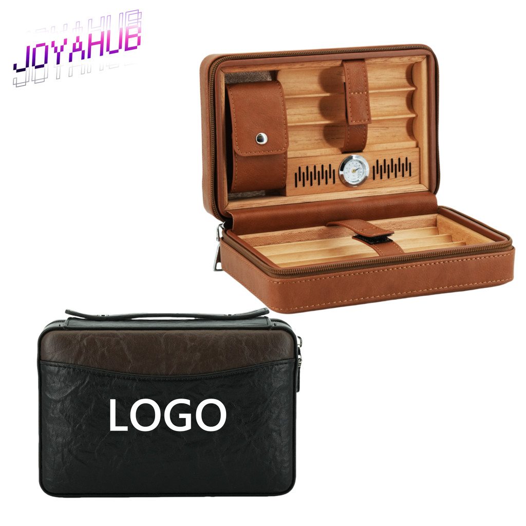 ??Custom Logo Leather&Cedar Travel Humidor 7-Cigar Capacity Hygrometer&Carry Handle Luxury