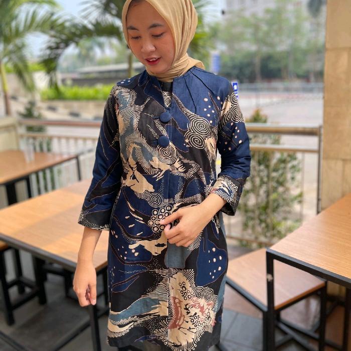 "New" Batik Tunik Wanita Motif Biru Dongker Abstrak Bahan katun Kain Nyaman